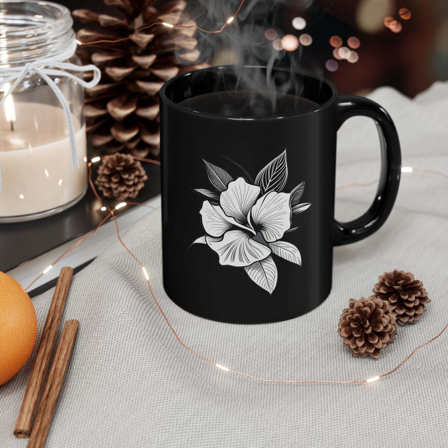 "Elegant Mug: White Orchid - Floral Delicacy for Your Moments", 11oz Black Mug